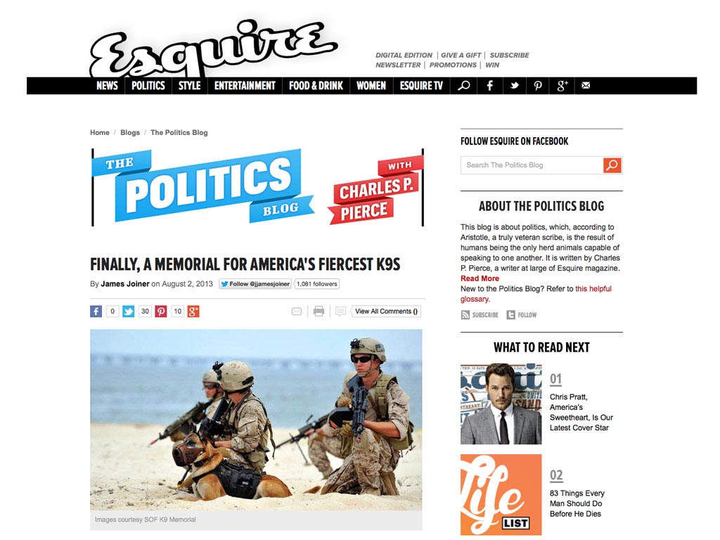Esquire Article |Memorial for America's Fiercest K9s