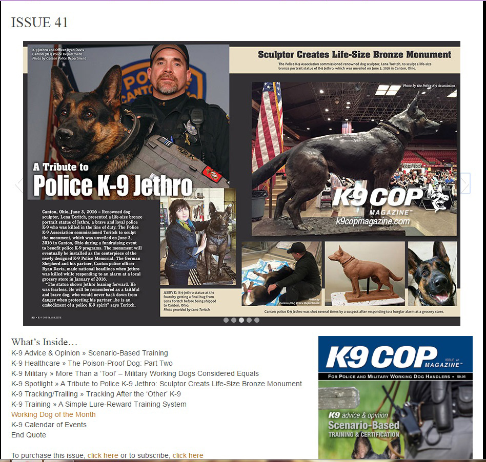 K9 Cop magazine article about Jethro statue