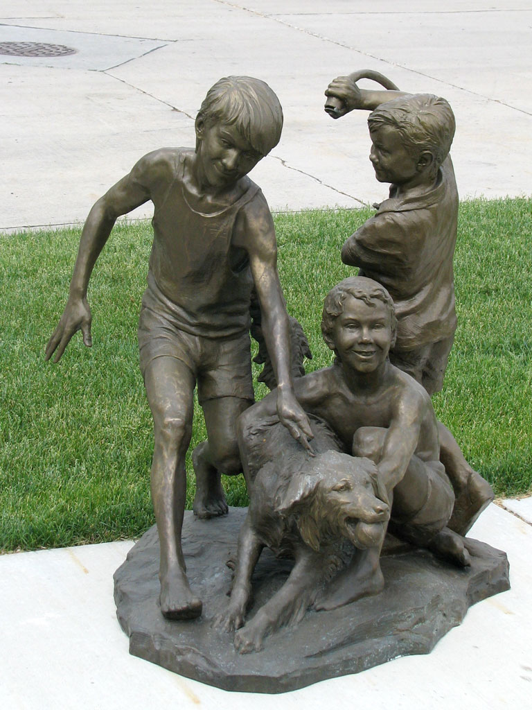 Three Boys and Family Dog Custom Bronze Portrait
