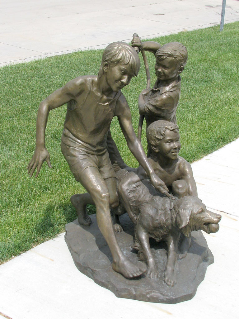 Three Boys and Family Dog Custom Bronze Statue