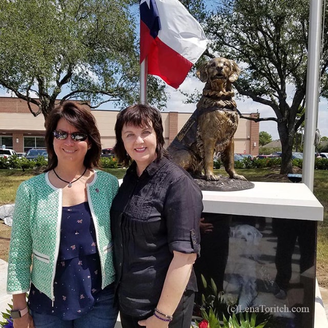Denise Corliss and Sculptor Lena Toritch with SAR K9 Bretagne Bronze Statue